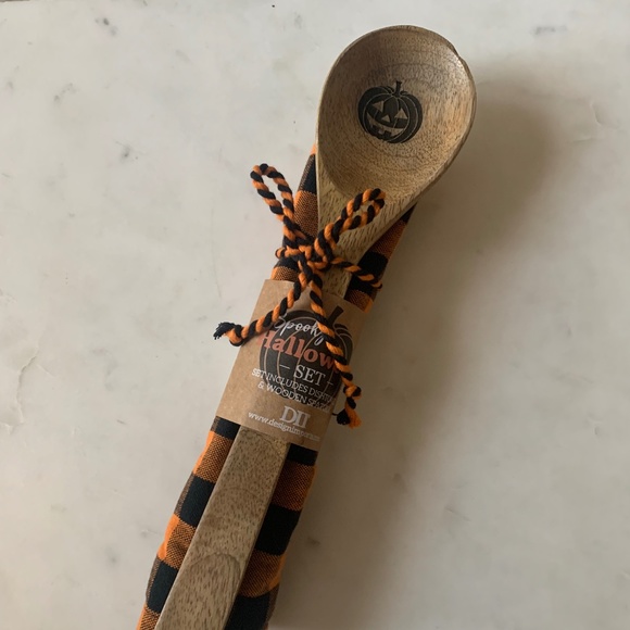 NWT pumpkin wood spoon and orange black check dishcloth‎ gift set - Picture 1 of 4